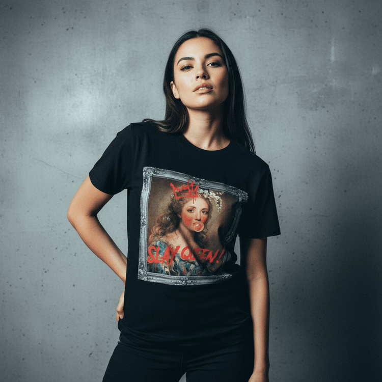 Model wearing Oliver & Eli premium statement tote – bold style wearable art