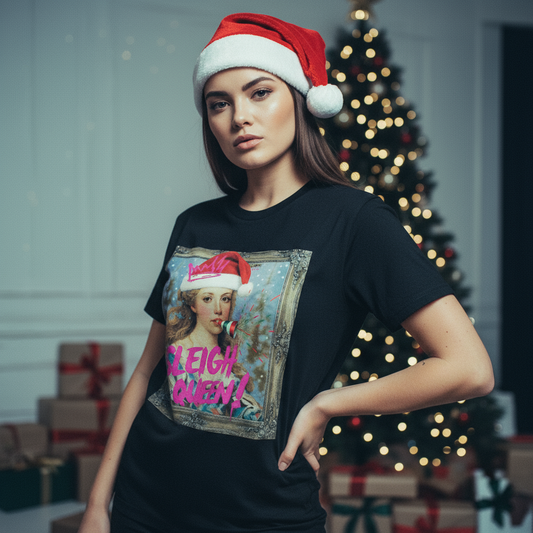 Oliver & Eli’s Sleigh Season collection — premium cotton Christmas t-shirt with graffiti print and festive design.