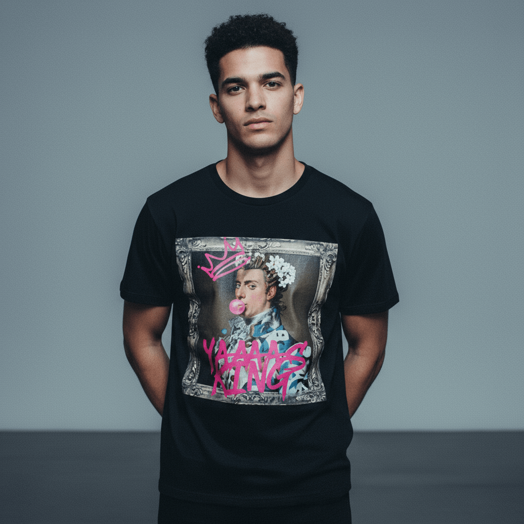 Model wearing Oliver & Eli premium statement t-shirt – bold style wearable art